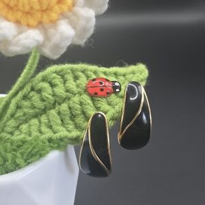 Vintage Trifari Black Enamel and Gold-Trim Hoop Earrings - Women's Jewelry